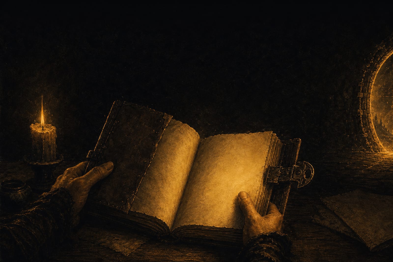 Der Reisende aus dem Tagebuch, allein an der Schwelle des Portals.